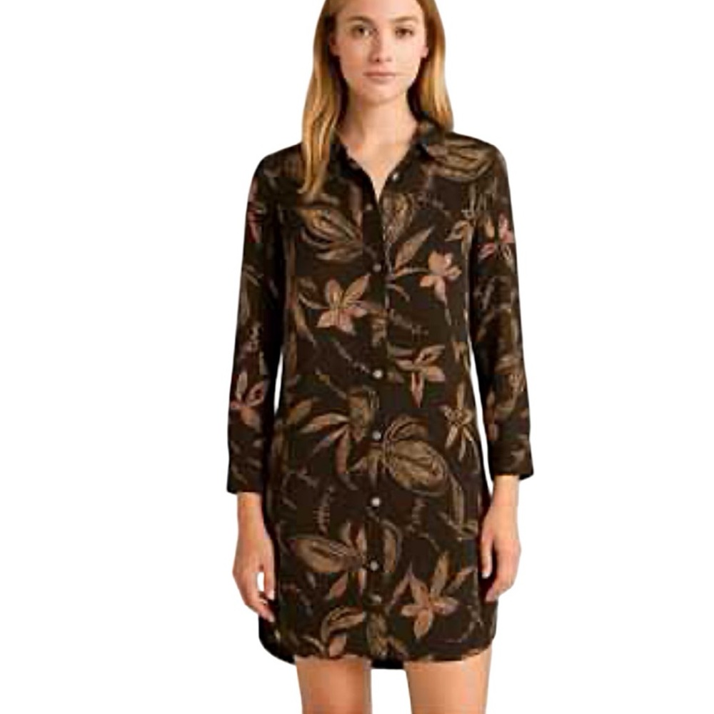 Mossimo Brown Paisley 100% Silk Button Down Shirt Mini Dress Size XL - Picture 2 of 8